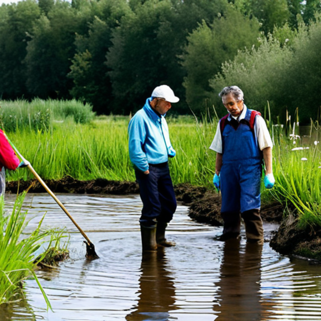 **

A diverse group of ecologists collaborating on a nature restoration project in the French countryside. They are using ecological engineering techniques to revitalize a wetland area. The scene should feature various native plants, restored water flow, and scientists monitoring the progress. Fully clothed, appropriate attire, safe for work, perfect anatomy, natural proportions, professional, family-friendly, high quality.

**