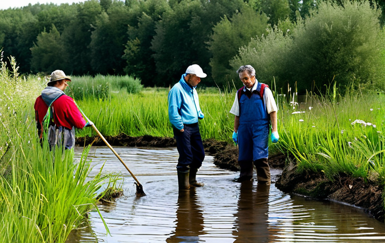 **

A diverse group of ecologists collaborating on a nature restoration project in the French countryside. They are using ecological engineering techniques to revitalize a wetland area. The scene should feature various native plants, restored water flow, and scientists monitoring the progress. Fully clothed, appropriate attire, safe for work, perfect anatomy, natural proportions, professional, family-friendly, high quality.

**