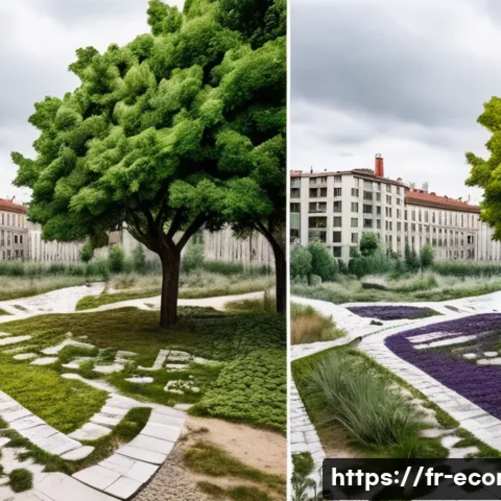 생태복원 사업 보고서 작성법 - **Prompt:** A split image showing the "before and after" transformation of an urban space in Lyon, F...