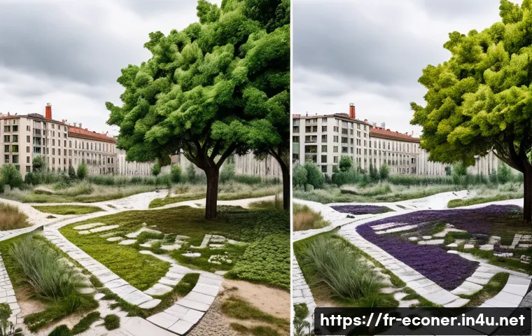 생태복원 사업 보고서 작성법 - **Prompt:** A split image showing the "before and after" transformation of an urban space in Lyon, F...