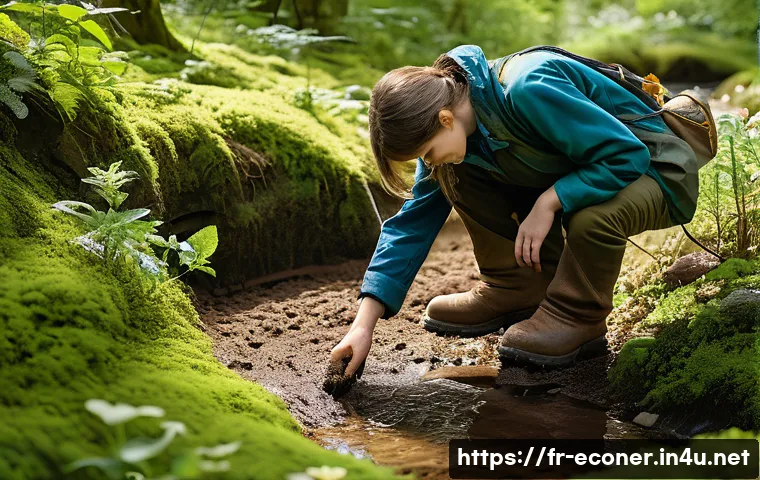자연생태복원기사로서 전문성 강화 방법 - A detailed naturalist scene showing a young adult ecologist immersed in a diverse forest ecosystem i...