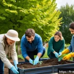 자연생태복원기사 이직을 위한 포트폴리오 준비법 - A vibrant community garden scene in a suburban neighborhood in France, showing diverse volunteers we...