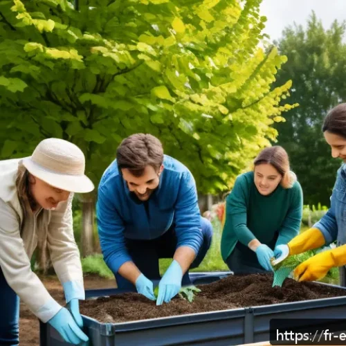 자연생태복원기사 이직을 위한 포트폴리오 준비법 - A vibrant community garden scene in a suburban neighborhood in France, showing diverse volunteers we...