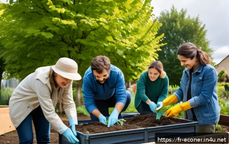 자연생태복원기사 이직을 위한 포트폴리오 준비법 - A vibrant community garden scene in a suburban neighborhood in France, showing diverse volunteers we...