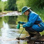 자연생태복원기사 시험 난이도와 합격률 통계 - A professional ecologist wearing practical outdoor gear and protective clothing, working attentively...