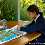 자연생태복원기사 학습 자료 추천 - Photorealistic study scene in a bright French university library, a young environmental science stud...