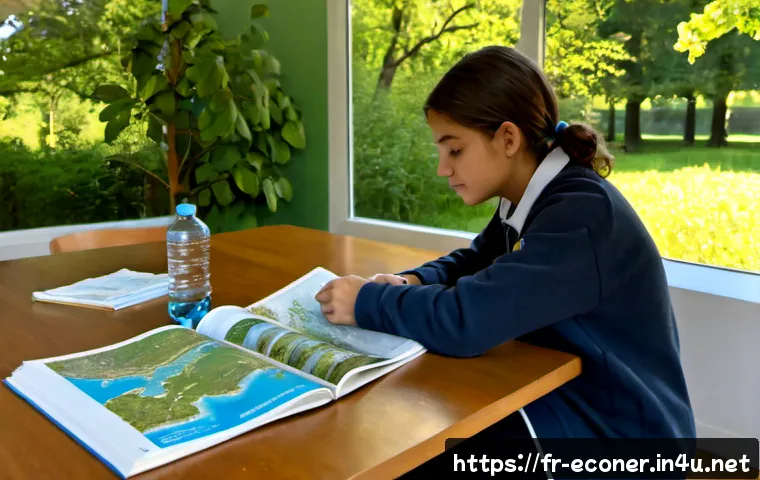 자연생태복원기사 학습 자료 추천 - Photorealistic study scene in a bright French university library, a young environmental science stud...