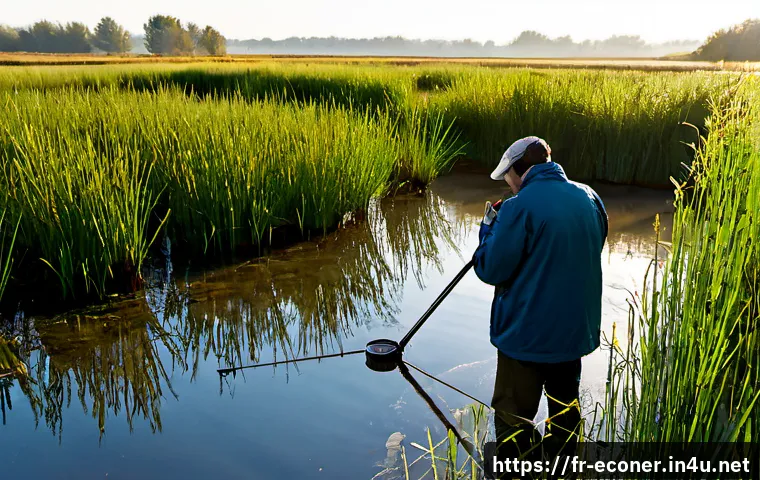 자연생태복원기사 직무별 필요 역량 분석 - Photorealistic environmental restoration specialist in waterproof field clothing surveying a restore...