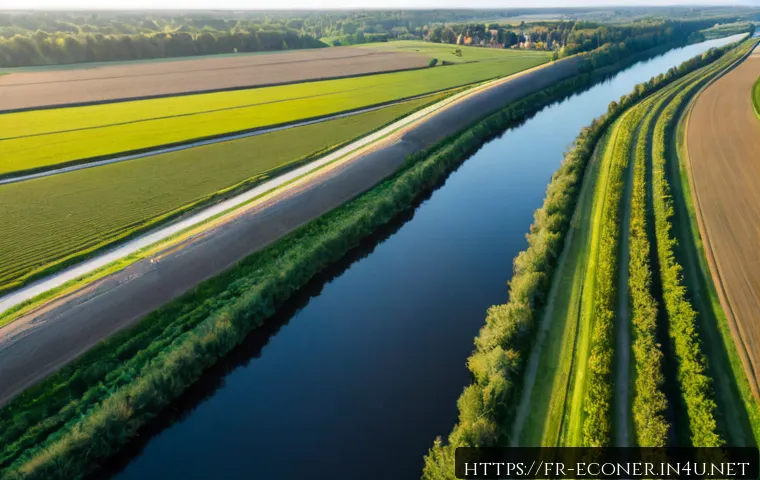 자연생태복원기사와 토지이용계획 연계 사례 - Photorealistic aerial view of a French river restoration project integrated with surrounding land-us...