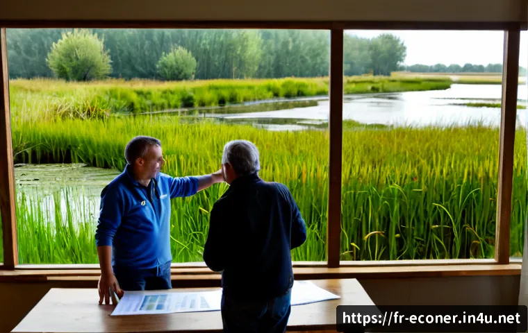 생태복원 사업의 정책 변화와 대응법 - Photorealistic French wetland restoration planning meeting, diverse environmental professionals gath...